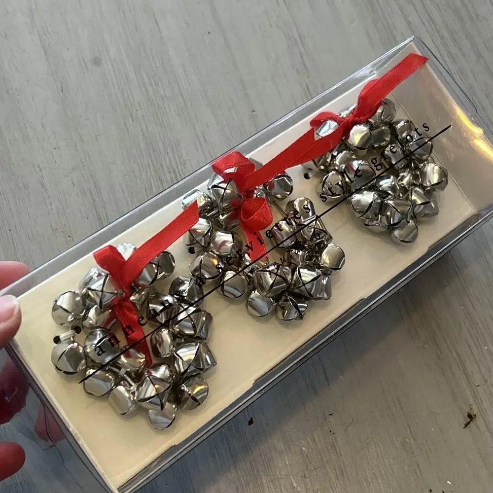 Pier 1 Imports Set Of 6 Jingle Bell Napkin Rings Christmas Holiday Silver Red